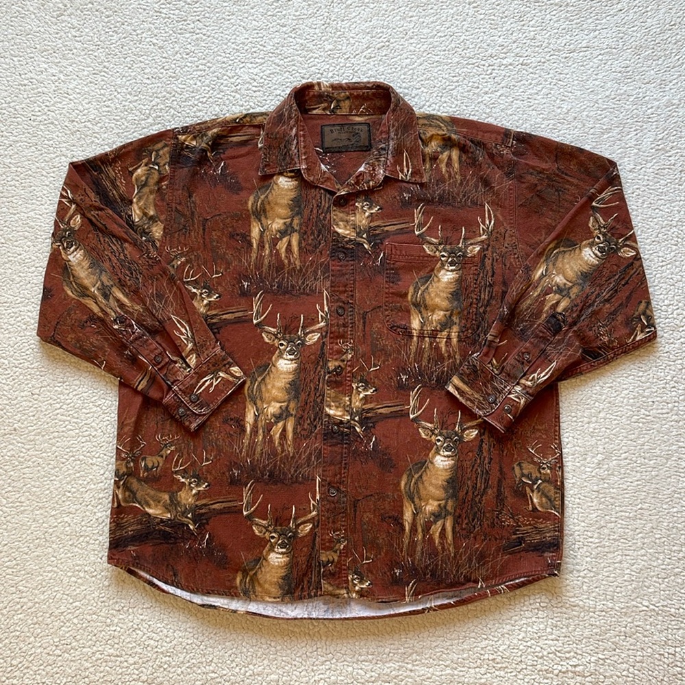 Vintage 90s Bluff Creek All Over Print Deer Nature Graphic Button Up Shirt - Picture 1 of 7